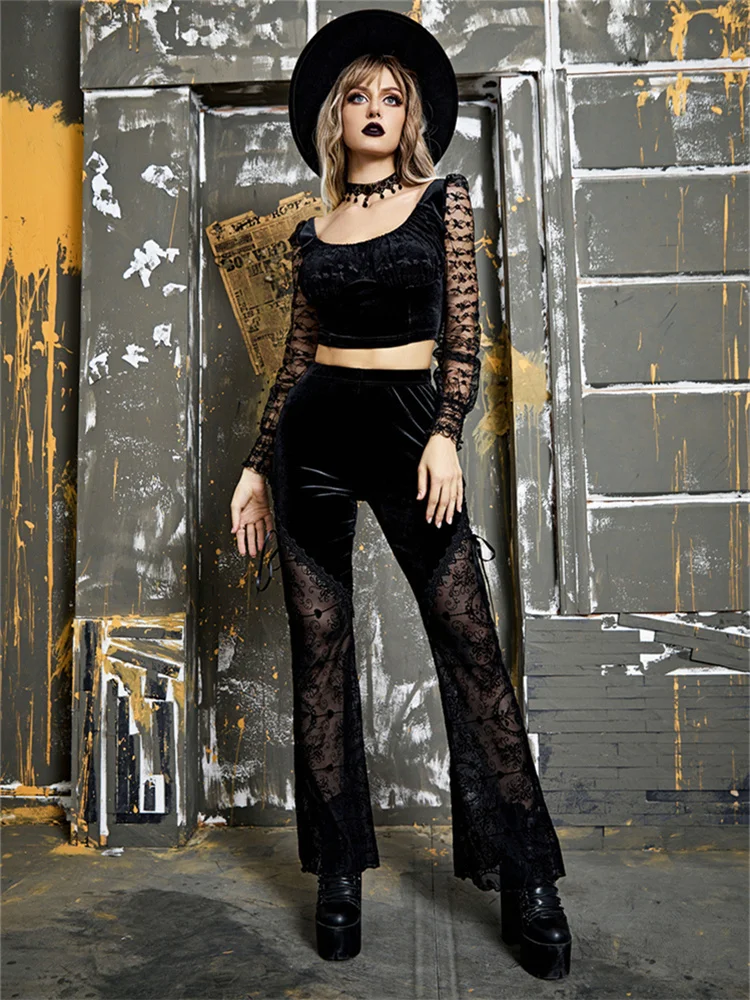 

Женский бархатный топ с кружевом, готический плиссированный топ с длинным рукавом, облегающий прозрачный топ в стиле ретро и панк с длинным...