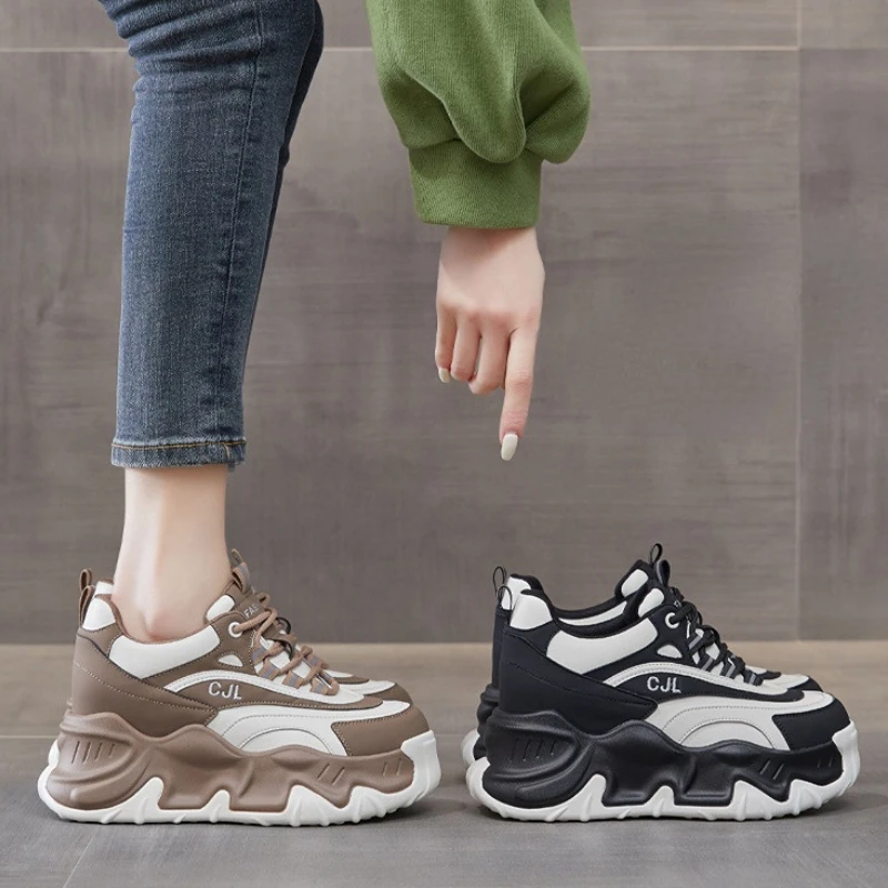 8CM Genuine Leather Mixed Color High Brand Women Chunky Sneakers Platform Wedge Vulcanized Shoes Hidden Heels Lady Fashion