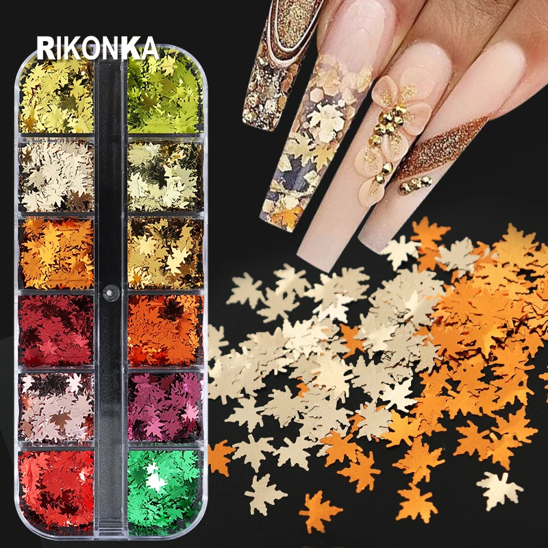 

12Colors Maple Leaf Nail Sequins Kit Different Metallic Mirror Fallen Leaves Paillette Manicure DIY Autumn Xmas Nail Accessories