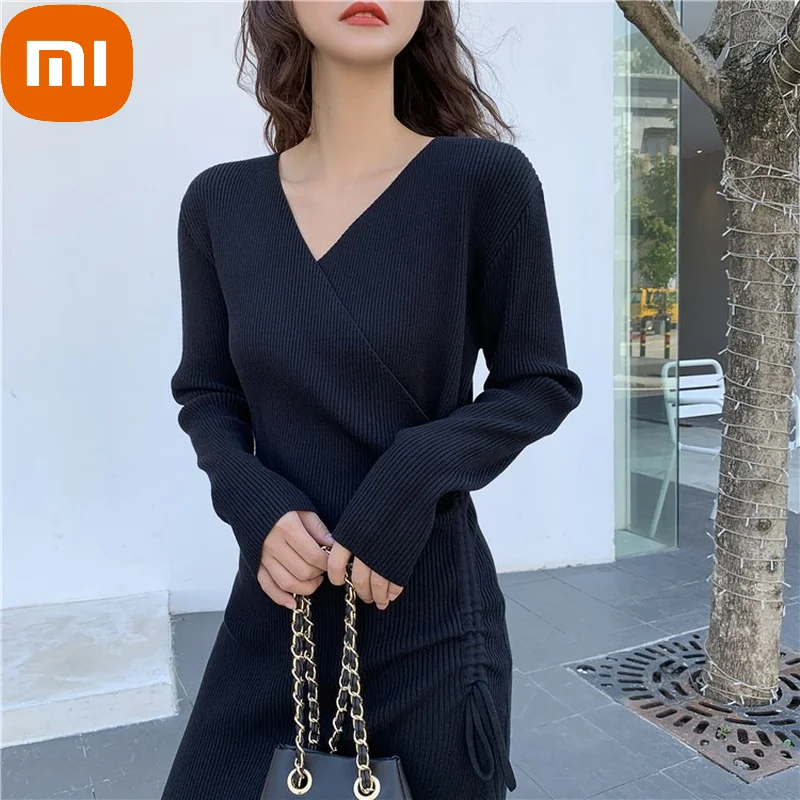 

XIAOMI Elegant Vintage France Knit Dresses Women Korean Evening Party Midi Dress Ladies Casual Split Dresses Autumn Winter