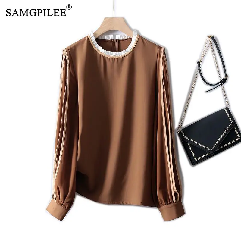 

SAMGPILEE Spring 2022 Oversized T-shirt European Lace O Neck Chiffon Draping Lantern Long Sleeve Patch Strips Women's T-shirts