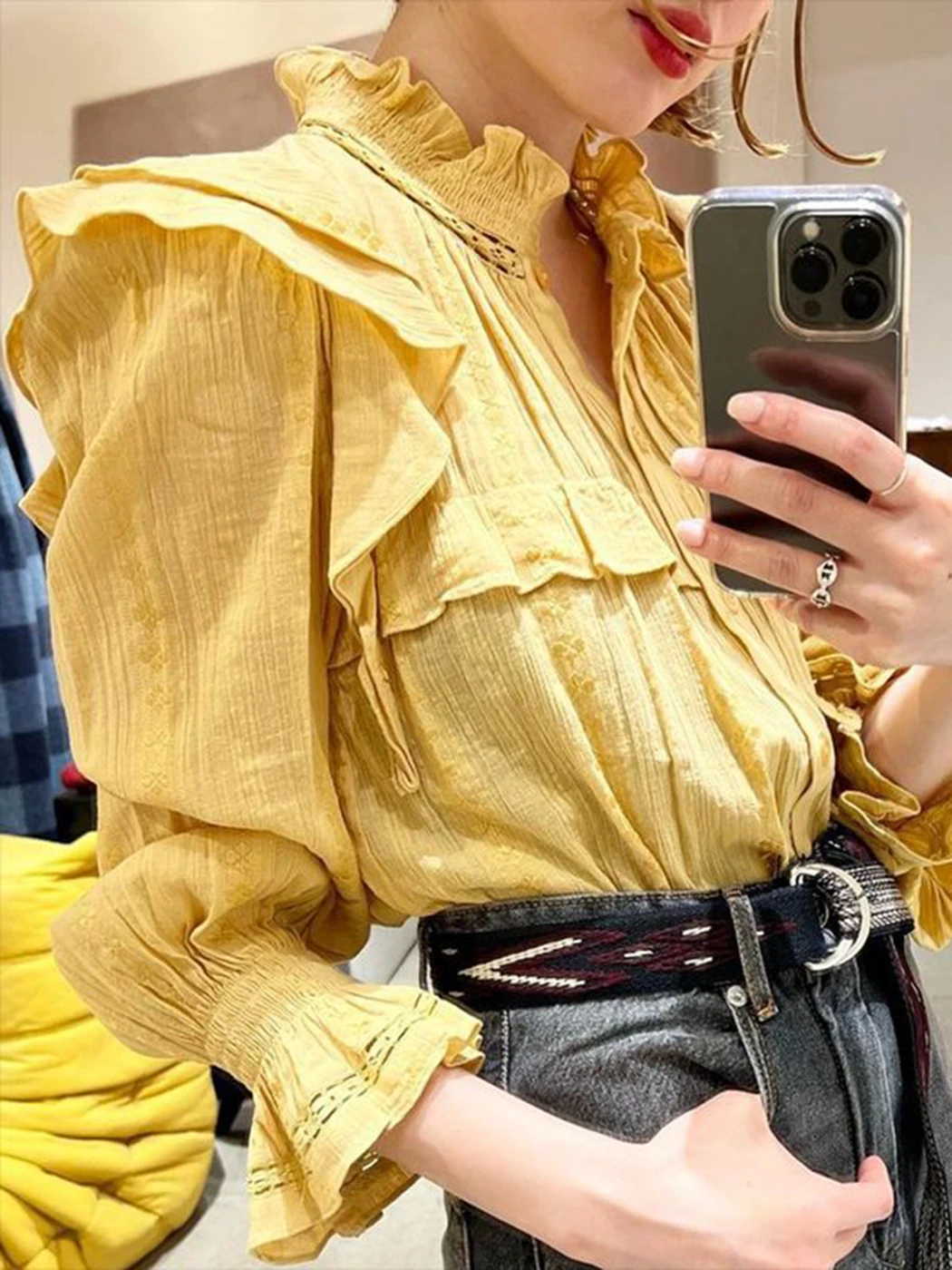 

Stand Collar Embroidery Elegant Blouses 2022 Spring New Ruffle Long Sleeve Cotton Thin Shirt Women Casual Chic Office Lady Tops