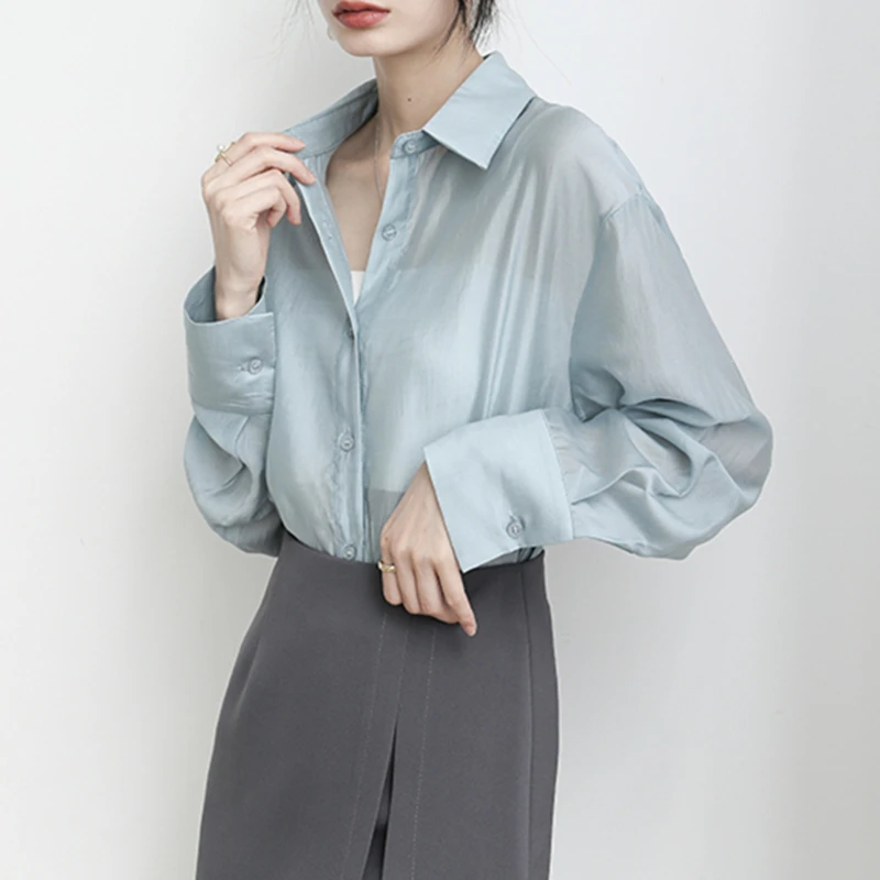 Korean Fashion Women Summer Lightweight and thin Lyocell Tops Plus size Casual Sunscreen Shirt white Pink Air-conditioned shirt