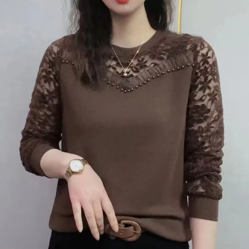 Женский Однотонный свитер с круглым вырезом кружевной пуловер длинным рукавом и