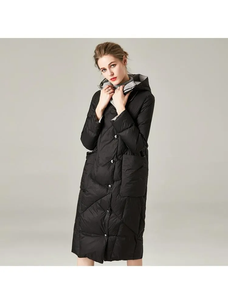 2022 Winter Hooded Thick Fashion Loose Cocoon Blue Long 90 White Duck Down Coats Women Black Warmer Bread Jackets