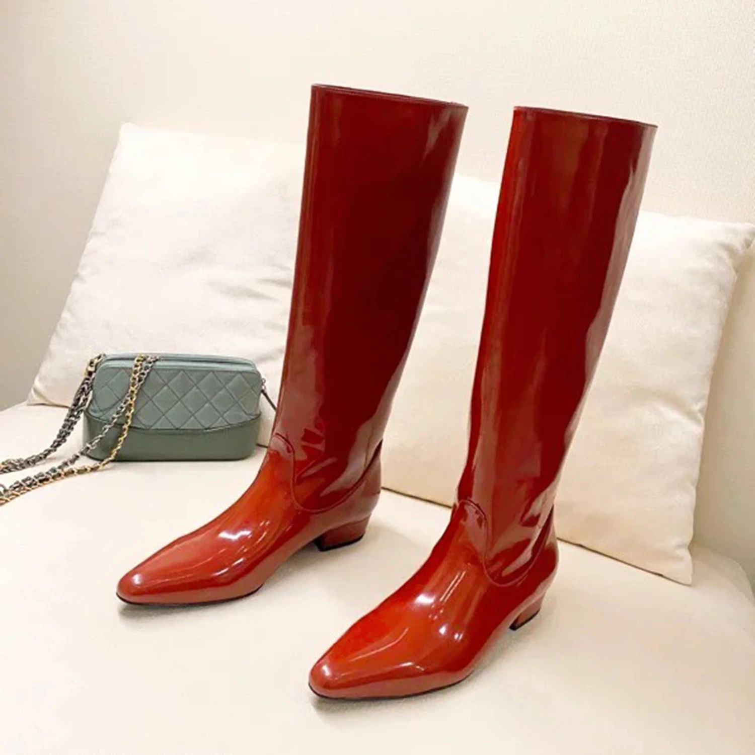 Solid Color Patent Leather Knight Boots Women's 2022 New High Boots Pointed Toe Knee High Boots