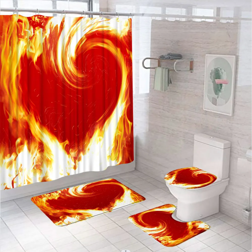 

Занавеска для душа с красным пламенем и любовным сердцем, набор из ткани для ванной комнаты в стиле Фэнтези на День святого Валентина, коврик для ванной, крышка для коврика, крышка для унитаза