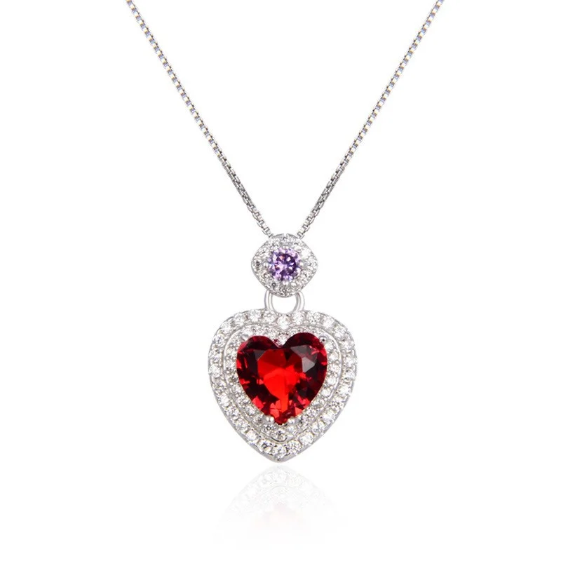 

Lefei Jewelry 925 Silver Fashion Trendy Luxury Diamond-set Red Zircon Big Heart Pendant Necklace Women Party Wedding Charms Gift