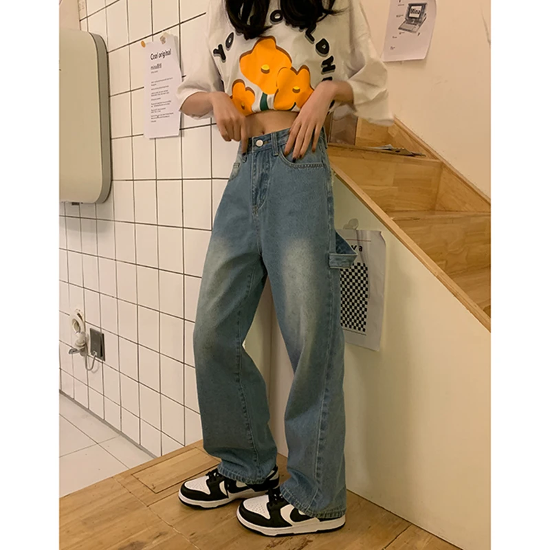 Fashion Denim Wide Leg Vintage Baggy Blue Women's Jeans Straight y2k Loose High Waist Trousers Flower Printing Streetwear Pants