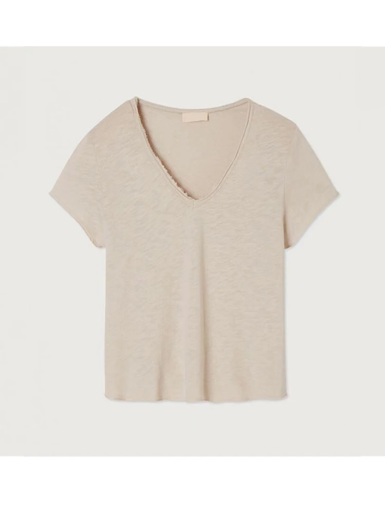 French Am VI Slub Cotton T-shirt Women's Short Sleeve Thin Loose Casual Small White V-neck Women Top T