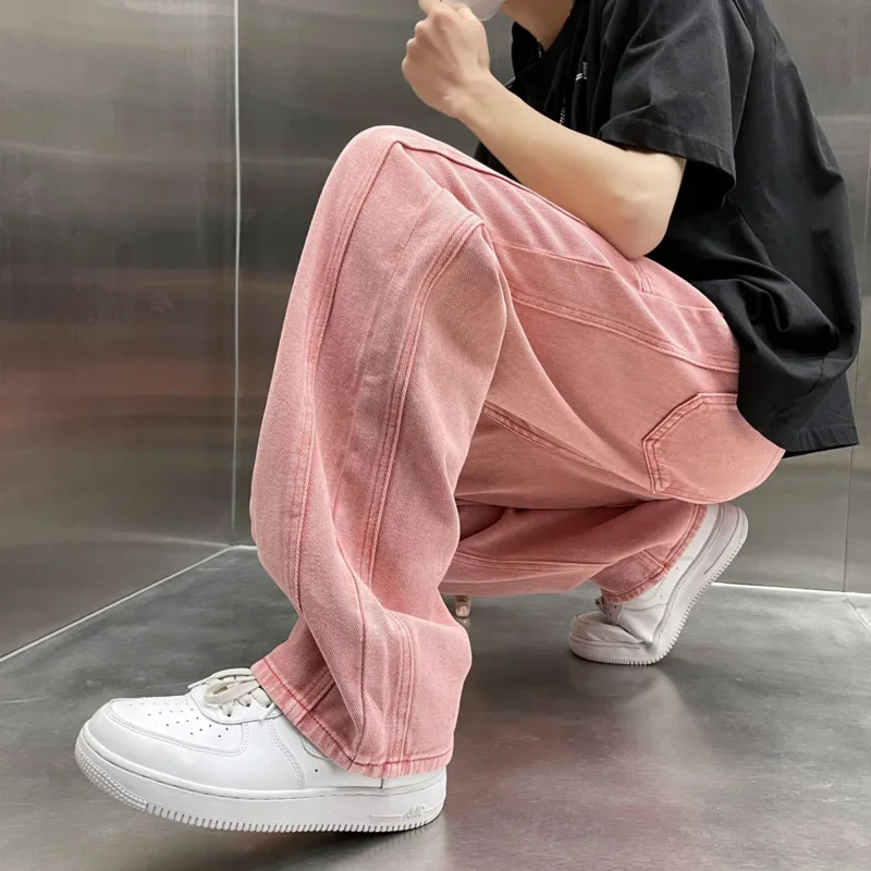 Baggy Pink Jeans Men's Fashion Harajuku Casual Straight Jeans Men Streetwear Loose Hip Hop Denim Pants Mens Trousers S-3XL