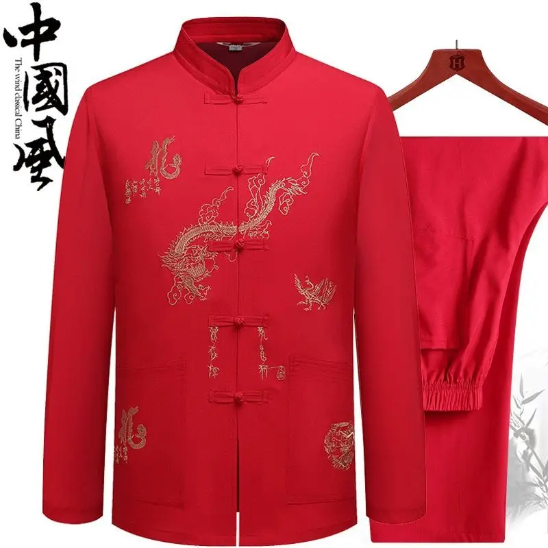 

Summer Embroidered Dragon Pattern Top Tang Dress Chinese Traditional Hanfu T-shirt Kung Fu Oriental Dad Morning Exercise Dress