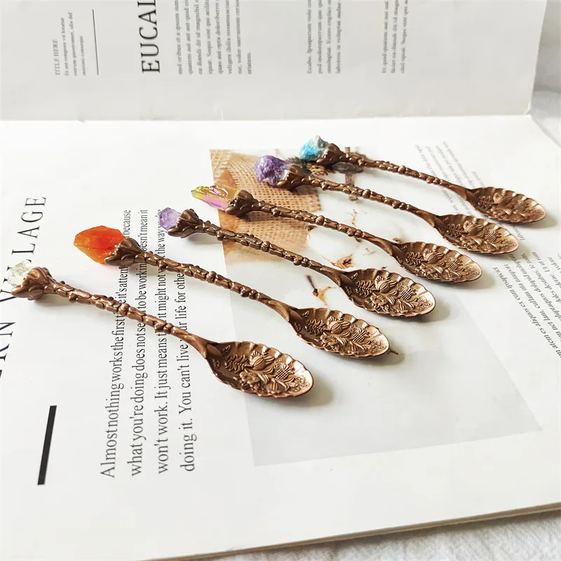 

Природный лабрадорит аметистовый геодезический медный кофейный миксер декоративная ложка рейки кристаллы Ретро ощущение чайная ложка Дек...