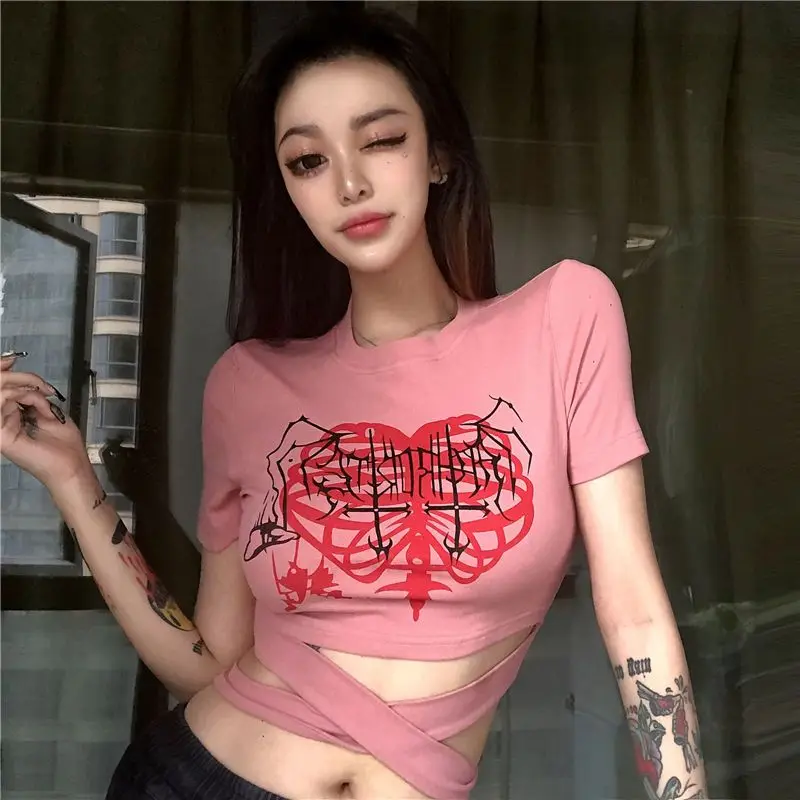 

Летняя женская футболка y2k с принтом в виде любовного черепа, сексуальные укороченные топы для девушек, футболка с перекрестными лямками и узкой талией в стиле Харадзюку, модные готические Блузы