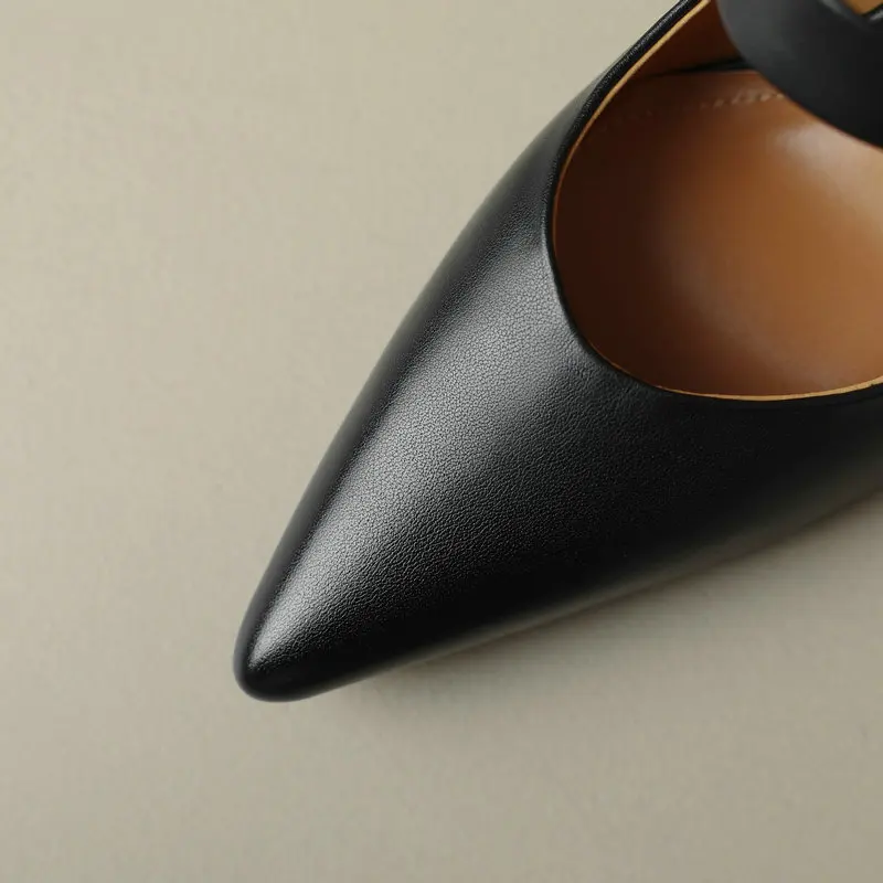 Cow Leather Pumps Women Comfy Soft Shoes Office Lady Spring Autumn Solid Pointed Toe Square Buckle 6cm Thin Kitten Heels