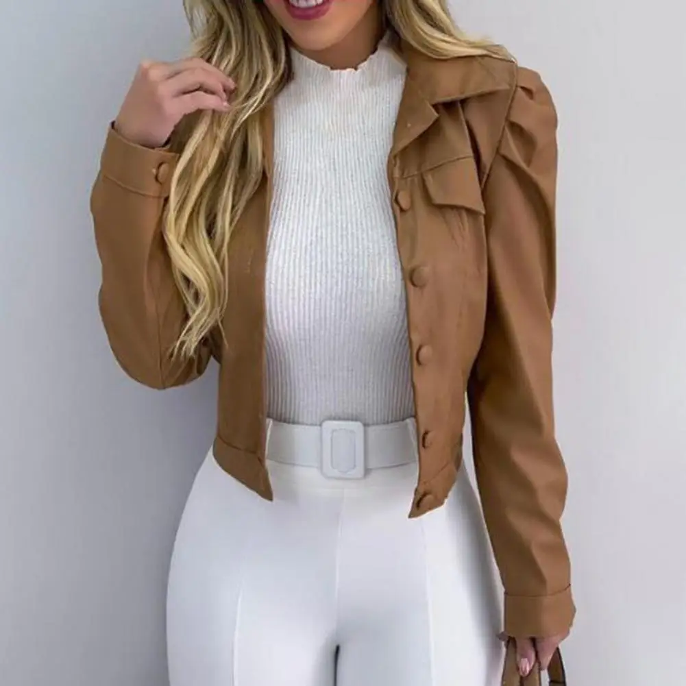 

Spring Women Faux Leather Jacket Eye-catching Button Cuff 4 Colors Cardigan Motorcycle Jacket Winter Clothing for Outdoor