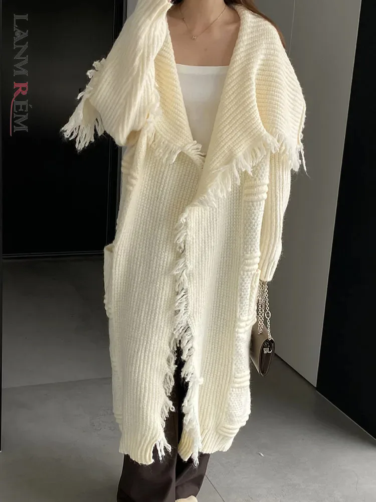 

LANMREM модное трикотажное пальто средней длины для женщин с бахромой и карманами, свободный свитер в винтажном стиле 2023, зимняя новая одежда 2AA3493
