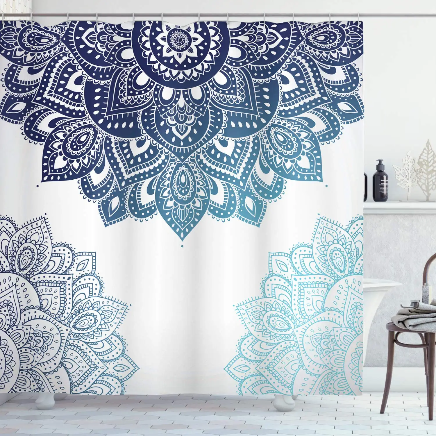 

Floral Shower Curtain Eastern Mandala Design Oceanic Nautical Ombre Colors Ornamental Ethnic Illustration Fabric Bathroom Sets