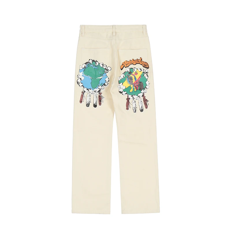 

Retro Cartoon Graffiti Straight Men and Women Jeans Pants High Street Spliced Casual Oversized Loose Denim Trousers