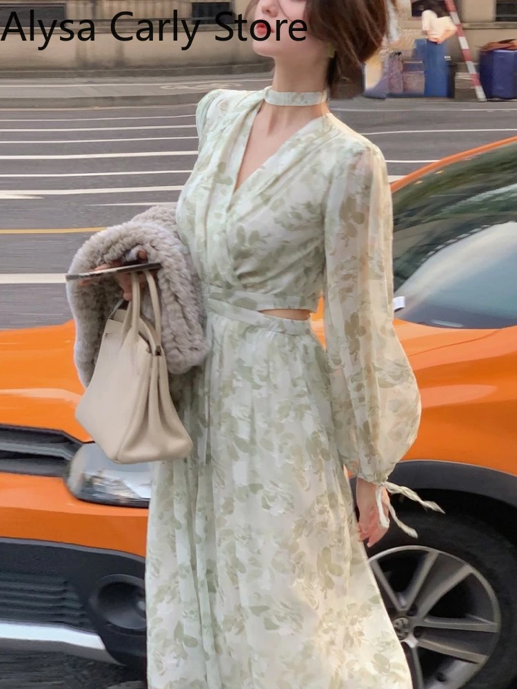

Elegant Vintage Fairy Midi Dress 2022 Summer Long Sleeve Floral One Piece Dress Korean Fashion Ladies Casual Beach Party Dresses