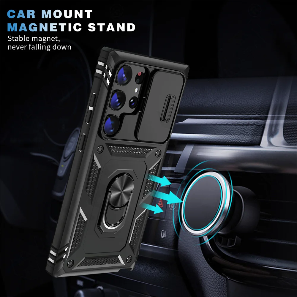 Case For Samsung Galaxy S23 S22 S21 Ultra FE Plus A53 A52 A13 A14 5G Slide Camera 360 Degree Rotate Kickstand Heavy Grade Cover