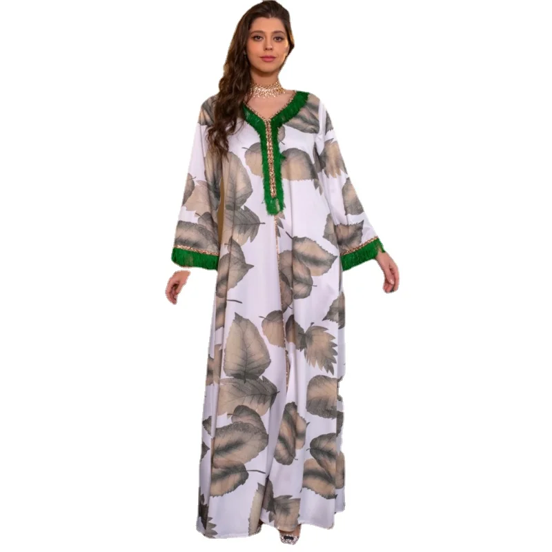 Women Dresses For Prom Leaf Print Diamonds V-Neck Feather Long Sleeve Contrast Color Modest Fashion Dress Ramadan
