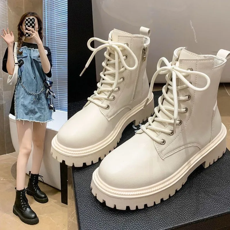 

New Trend Women's Pu Leather Ankle Boots Autumn Winter Round Toe Lace Up Shoes Woman Classic Fashion Motorcycle Platform Botas