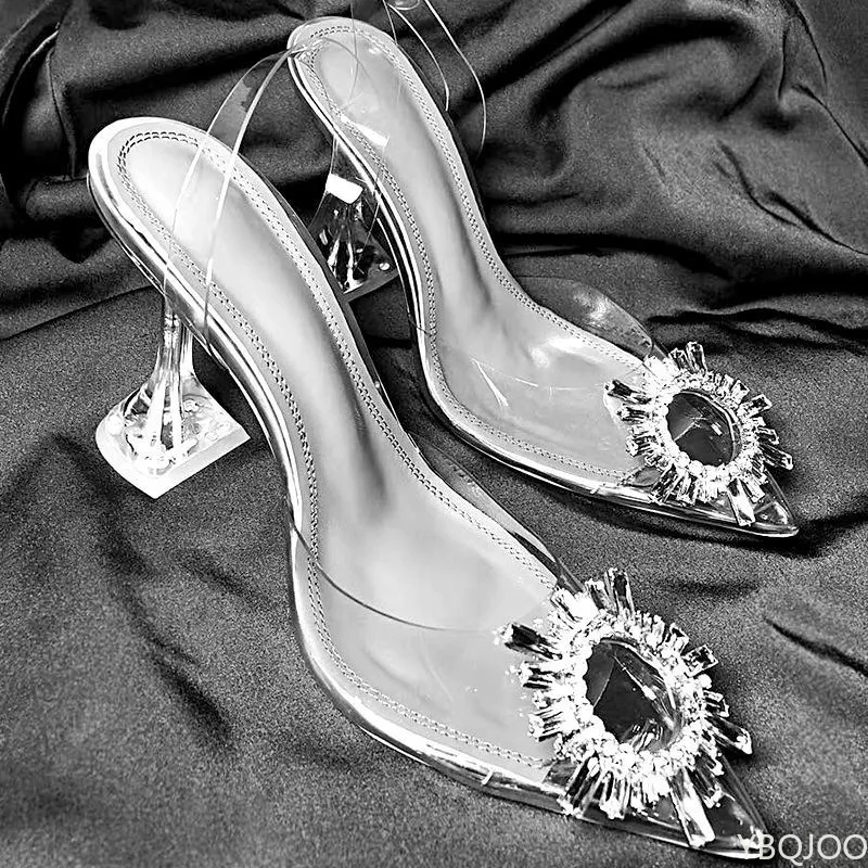 

Women Pumps Elegant Pointed Toe Rhinestones High Heels Wedding Shoes Crystal Clear Heeled Slingback Pumps Sandals Plus Size34-42
