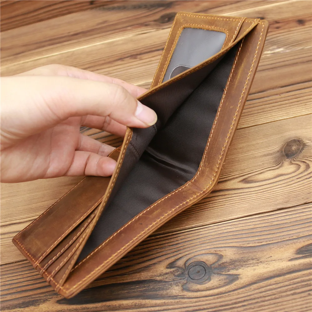 Crazy Horse Leather Men Wallet Vintage Male Small Slim Purse Genuine Leather Pocket Case Male Card Holders Photo Wallets
