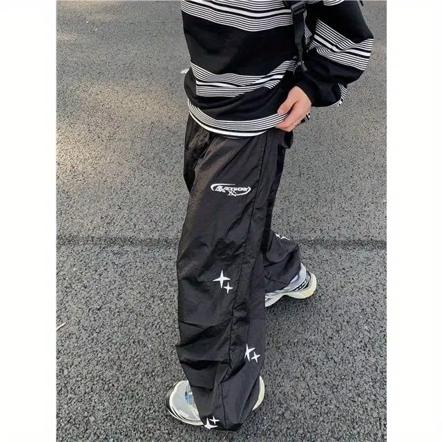 

Black printed star letters Guochao original design sense all-match casual loose trousers ins style same style for men and women