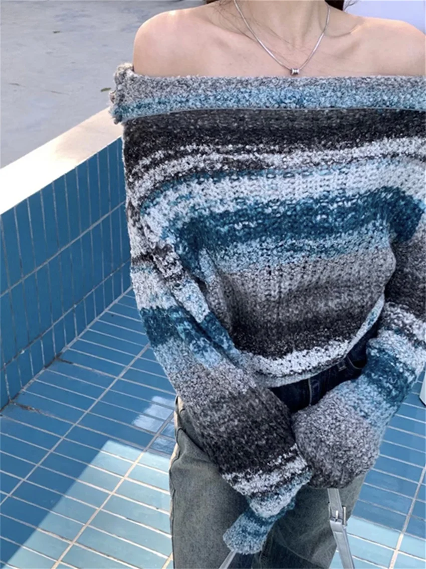 PLAMTEE нежные синие свитера женские лоскутные свободные вязаные с открытыми
