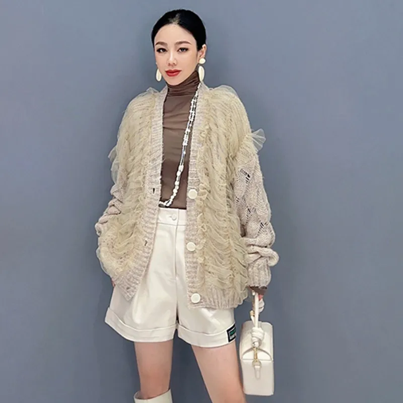 

Элегантный кардиган цвета хаки, женское Сетчатое вязаное пальто, однотонный осенне-зимний свитер, одежда, Осенний кардиган