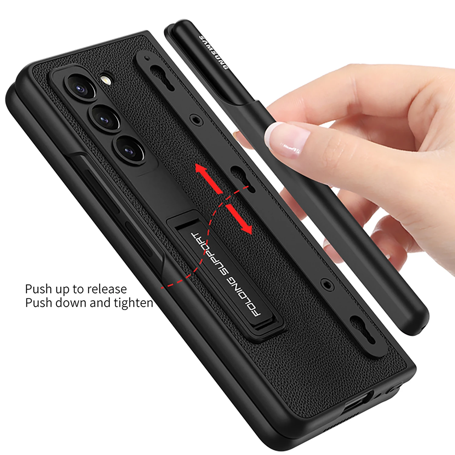 S Pen Holder Cover for Samsung Galaxy Z Fold 5 Case Fold5 Slim Leather Skin with Kickstand Hard Plastic Cover Glass Film