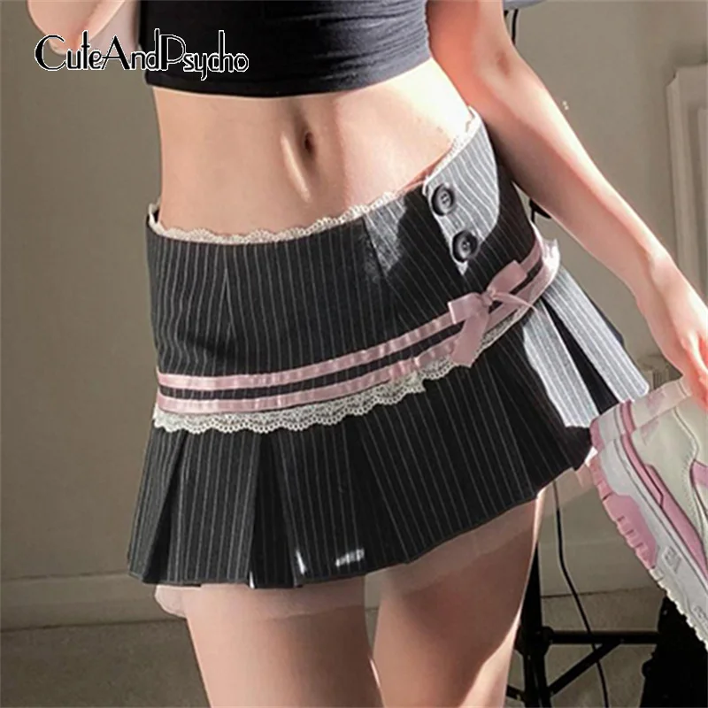 

Cuteandpsycute Sweet плиссированные мини-юбки Bow в Корейском стиле преппи Sexy Y2K низ полосатый принт Kawaii 90s юбки Харадзюку