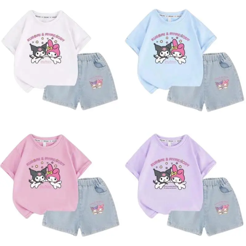 

Милые детские шорты Sanrios аниме My Melody Kuromi комплект с короткими рукавами удобная домашняя одежда для девочек костюм для улицы детская футболка джинсы