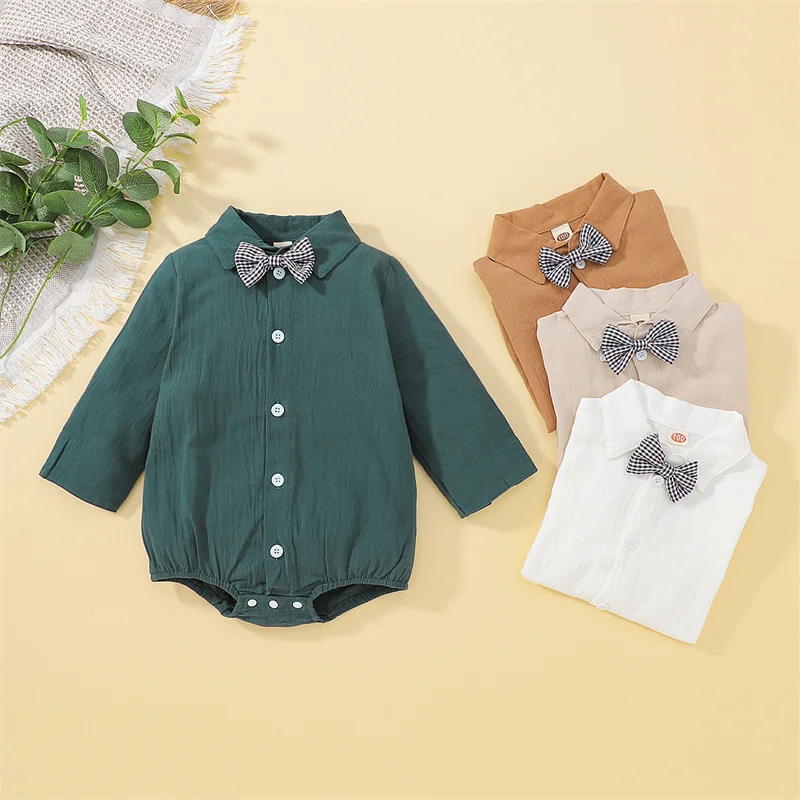 

Baby Boy Romper with Plaid Bow Tie Fashion Gentleman Style Autumn Spring Clothing Newborn Kids Long Sleeve Shirt Jumpsuits
