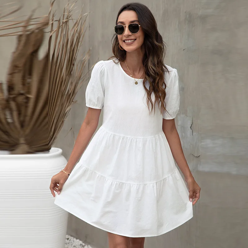 

White Basic Summer Solid Mini Ruffles Dress for Women Casual O Neck Short Sleeve Ladies Ruffles Light Cotton Dress Vestidos 2022