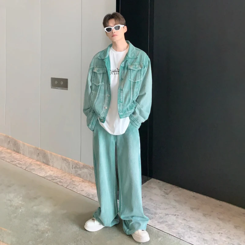 NOYMEI Pink Two Pieces Set Fashionable Long Sleeve Pocket Coat+straight Wide Leg Casual Pants Men Fashionable Trendy WA1595