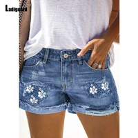 ladiguard 2022 sexy crimping denim shorts women casual simple flower print short jeans girls stand pocket ripped summer hotpants