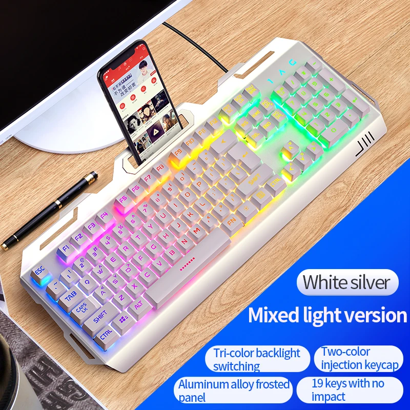 

V2 104 Key Keyboard Mechanical Feel Game Keyboards Waterproof Desktop Wired RGB Gaming Computer Peripheral with Phone Holder