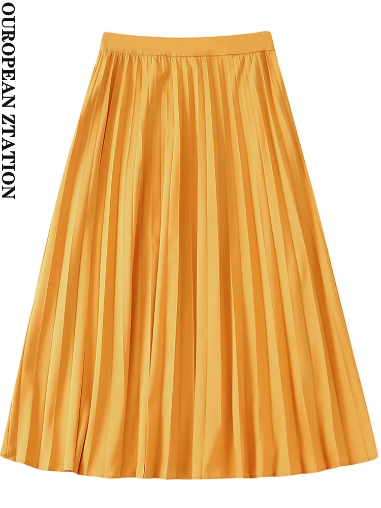 

PAILETE Women 2022 fashion contrasting pleated midi skirt vintage high waist side zipper female skirts mujer