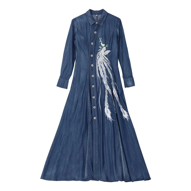

Cotton Denim Dress for Women2022 Retro Spring and Autumn New Long-sleeved Slim Fit Embroidered Long Skirt