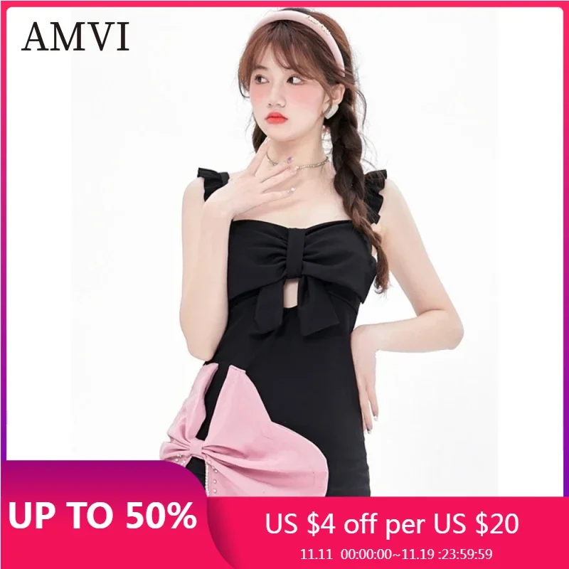 

Women Dress Black Pink Skirt Bow Clothing Beach Dresses High Waist Skirt Fashion Casual Dress Solid Halter Dresses Swimming Wear