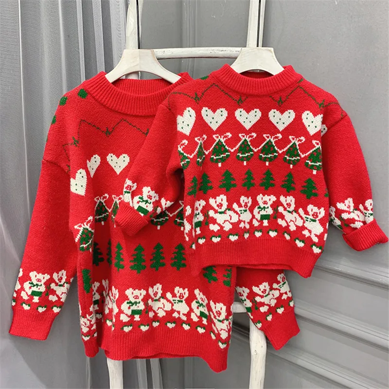 

Christmas Mother Daughter Son Wool Knitted Sweaters for Family Matching Clothes Mommy and Me Red Knitwear Bottoming Outfits