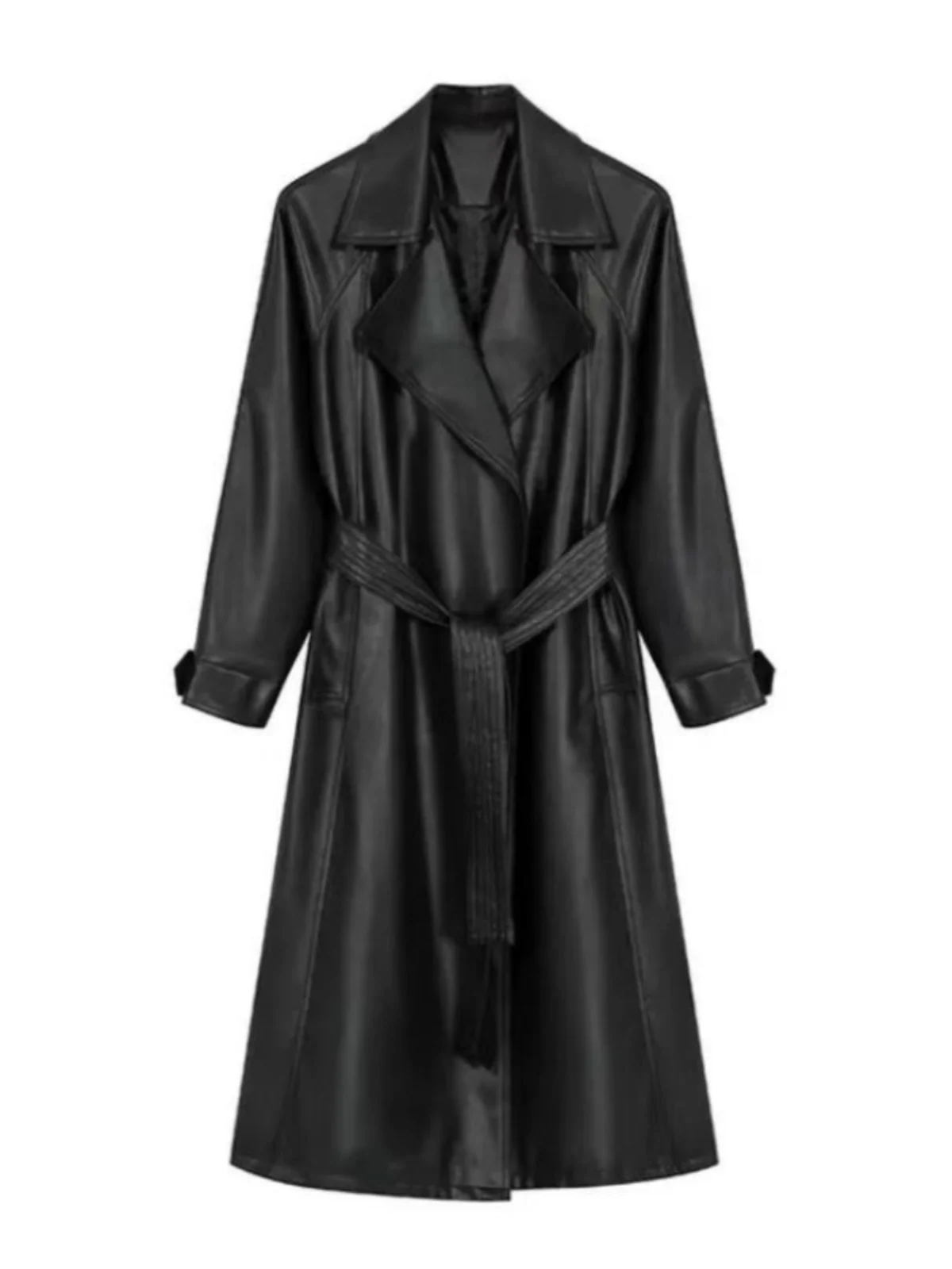 British Sle Black PU Leather Coat Women 2024 New Spring and Autumn Mid-Length Elegant High Sense Loose over the Knee Outerwear