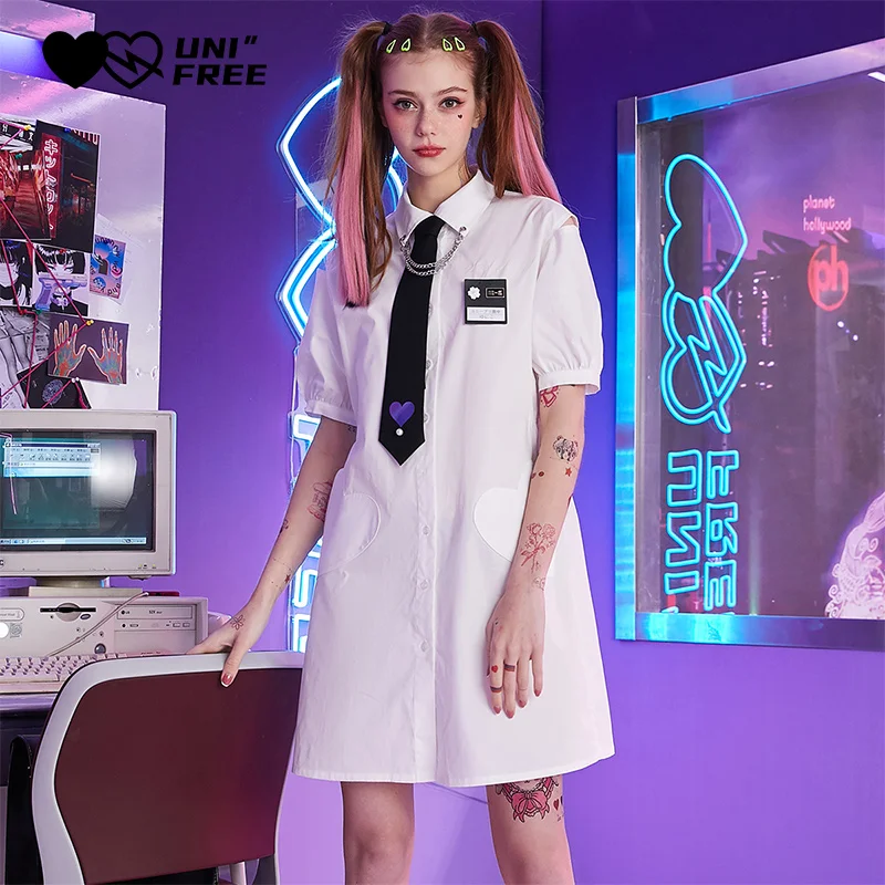 

UNIFREE Japan Style Women Dress Cartoon Puff Sleeve Turn-down Collar Kawaii Dress Women Summer A-Line Mini Dress