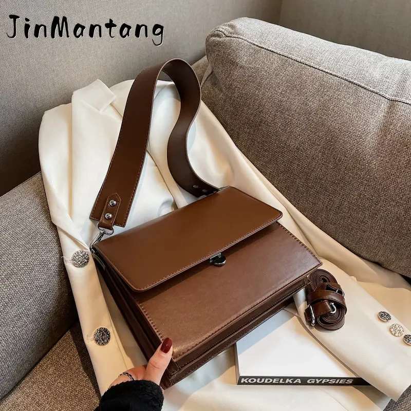 

Ladies Flap Shoulder Bag Wide Strap Messenger Solid Color Leather Retro Styling Double Layer Women's
