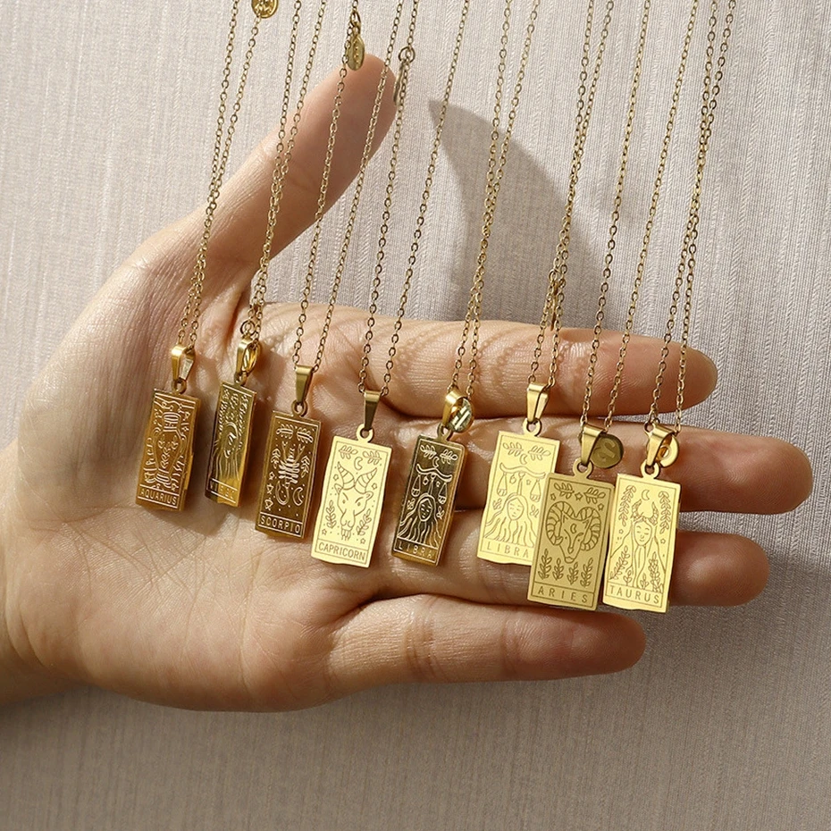 

Retro Zodiac Sign 12 Constellations Stainless Steel Necklaces for Female Male Gold Double Side Pendant Necklace Jewelry Gifts