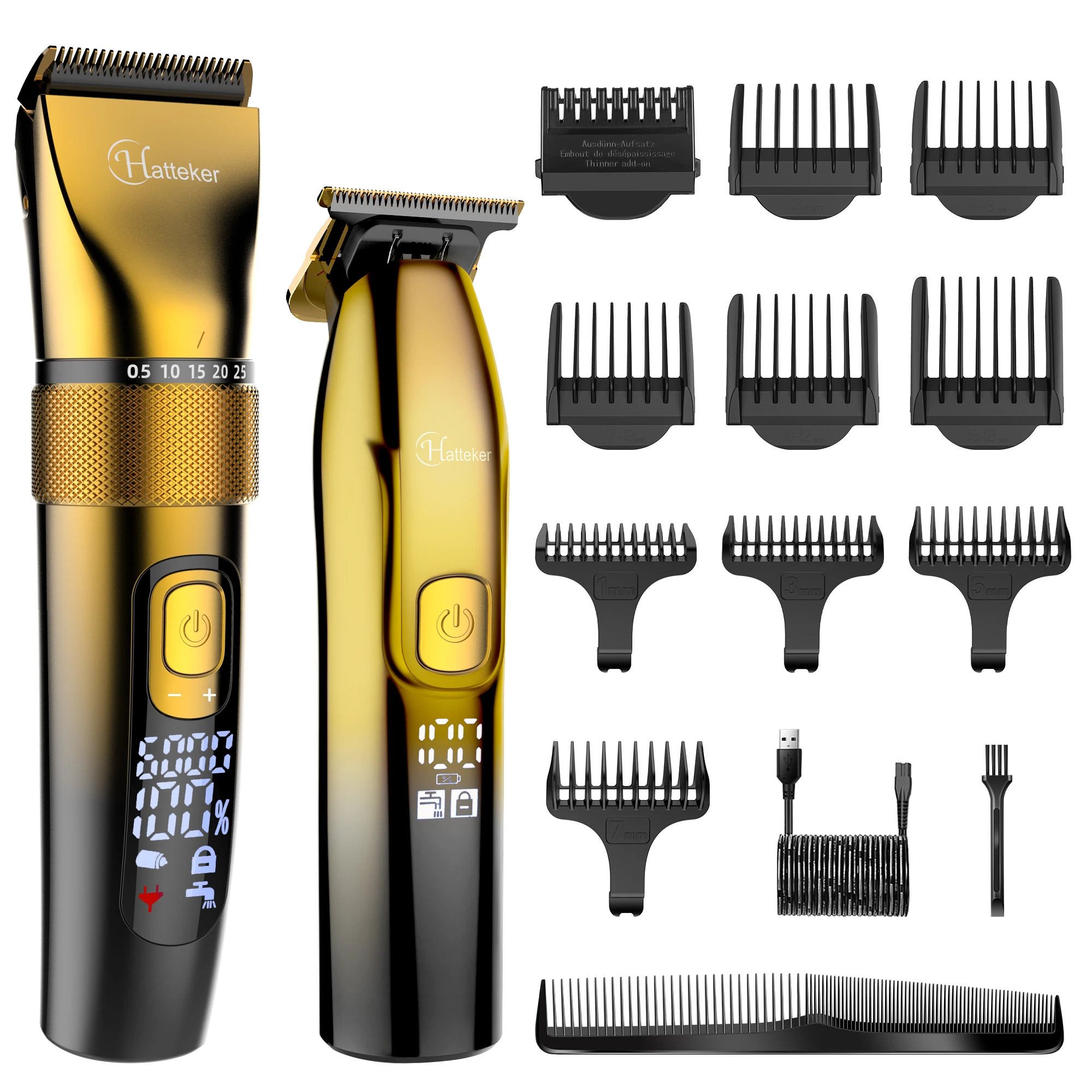 Hatteker Professional Hair Clippers Golden T-Blade Trimmer Kit for Men 2 Set Machines Cordless Beard Barber Clipper