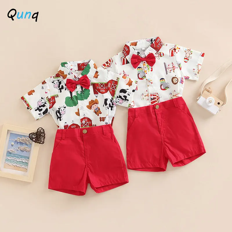 

Qunq 2022 New Boys Christmas Turn-down Collar Bowknot Short Sleeve Print Top + Shorts 2 Pieces Set Casual Kids Clothes Age 3T-8T